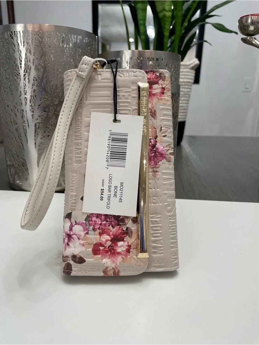 Steve Madden Cream Floral Embossed Clutch with Gold Accent